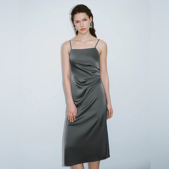 green zara slip dress ZARA Mint Green Satin Camisole Slip Midi Dress Size M Bloggers Fave Holiday Chic